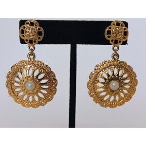 Vintage Goldtone Faux Pearl Ornate Sunburst Dangle Post Earrings 2 in